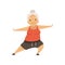 Grey senior woman doing sports, grandmother character doing morning exercises or therapeutic gymnastics, active and