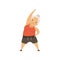Grey senior woman in sports uniform doing incline to side, grandmother character doing morning exercises or therapeutic