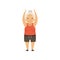 Grey senior woman in sports uniform standing with arms raised, grandmother character doing morning exercises or