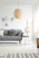 Grey settee with cushions in white spacious living room interior