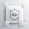 Grey Shield and eye icon isolated on grey background. Security, safety, protection, privacy concept. Square glass panels