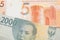A grey two thousand Indonesian rupiah bank note paired with a orange five ruble bank note from Belarus.