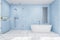 Grey white and blue shower room with bathtub