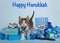Grey and white polydactyl kitten in Hanukkah scene with text Happy Hanukkah