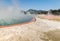 Grey-white silica sinter surrounding the Champagne Pool in Waiotapu thermal area near Rotorua, New Zealand