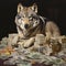 a grey wolf laying on top of stacks of money on a table