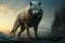 Grey wolf standing on the edge of a cliff. 3D rendering, wolf standing rock front full moon magic realism matte painting wat