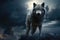 Grey wolf standing on the edge of a cliff with stormy sky, wolf standing rock front full moon magic realism matte painting wat