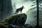 Grey wolf standing on a rock in the forest. 3d rendering
