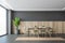 Grey and wooden dining room with chairs and table  plant in the corner