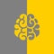 Grey and yellow brain icon. Right and left hemisphere difference