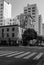 Greyscale panoramic view of buildings at a city in Downtown Los Angeles