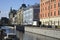 Griboedov channel embankment. Italian Bridge, multicolored buildings in sunshine