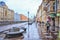 The Griboyedov canal embankment near the Church of the Savior on the spilled blood under rain.