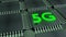 Grid of black cpus one having the green glowing word 5G on it