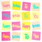 A grid of colourful sticky notes with The Happy Birthday song lyrics on