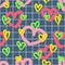 Grid hearts hippie aesthetic seamless pattern in seventies style. Retro groovy print for T-shirt, paper, fabric and stationery.