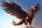 griffin in flight, its wings spread wide against the backdrop of the clear sky