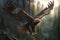 griffin soaring above forest, its wings beating against the wind