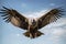 Griffon Vulture Gyps fulvus flying in the sky, huge vulture in flight, low angle view, AI Generated