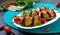 Griled meatballs with eggplant on skewers. Chicken kebab with vegetables. Diet meat dish
