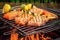 grill basket containing seasoned salmon fillets over sizzling coals