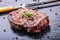 Grill beef steak. Portions thick beef juicy sirloin steaks on grill teflon pan or old wooden board