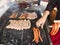 Grill frying fresh meat barbecue sausages, BBQ picnic sandwich store