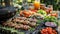 Grill With Hamburgers and Vegetables Cooking