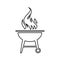 Grill icon with fire. Round grill with a burning flame for cooking meat and vegetables on fire and coals.