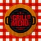 Grill menu. Best grilled dishes. Grill on a wooden stand on a red tablecloth