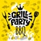 Grill Party BBQ food poster. Grilled food, meat fish vegetables grill appliance fork knife chicken shrimps lemon spice.