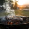 Grill with sizzling meat, smoke rising in a summer evening