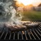 Grill with sizzling meat, smoke rising in a summer evening