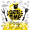 Grill Time food poster. Grilled food, meat fish vegetables grill appliance fork knife chicken shrimps lemon spice.