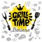 Grill Time food poster. Grilled food, meat fish vegetables grill appliance fork knife chicken shrimps lemon spice.