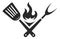 Grill tools with fire. Black barbecue logo. Meat cooking sign