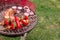 Grill with various delicious barbecue outdoor, selective focus