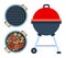Grill on wheels, round grill with meat, fish and vegetables top view and empty round grill top view flat isolated
