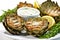 grilled artichokes on a white saucer, sharp focus on creamy garlic dip