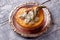 Grilled baked peach stuffed with blue cheese dorblu and rosemary. Top view