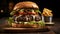Grilled Beef Burger With Fries on Rustic Wooden Board Showcasing An Indulgent Symphony of Flavors. Generative Ai
