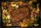 Grilled Beef rump steak on Baking tray with vegetables.