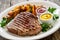 Grilled beef sirloin steak with baked potatoes on wooden table