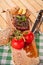 Grilled beef steak, baked potatoes and vegetable on wooden bread