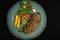 Grilled beef steak with glazed vegetables