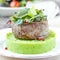 Grilled beef steak, green mashed potatoes with peas, herbs