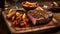 Grilled beef steak with tomatoes, fries and wine on a cutting kitchen wooden board