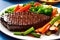 Grilled beef steak with vegetable on the flaming grill