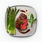 Grilled beef steaks medium rare with spices on white dish Created with Generative AI technology